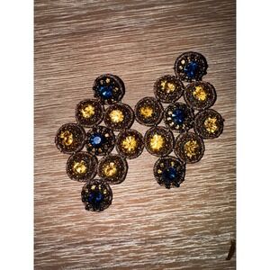 Ranjana Khan Statement Dangle Earrings Blue Yellow Rhinestone Beaded‎ Chandelier